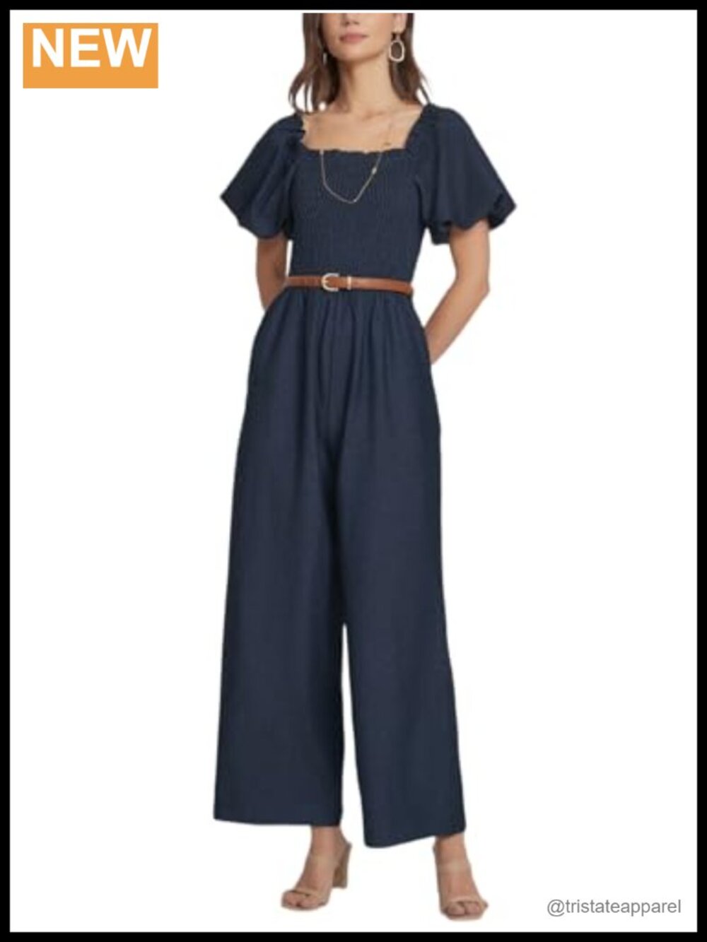 Smocked High Waist Wide Leg Jumpsuit with Puff Sleeves